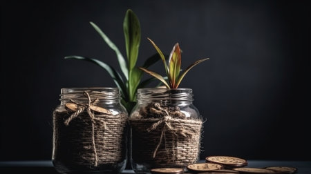 Coins in glass jars with green plant on dark background. Saving money concept.の素材