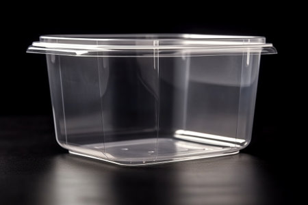 Plastic container for food on a black background. Close-up.の素材
