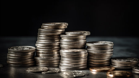 Coins stacked on each other in different positions. Financial concept.の素材