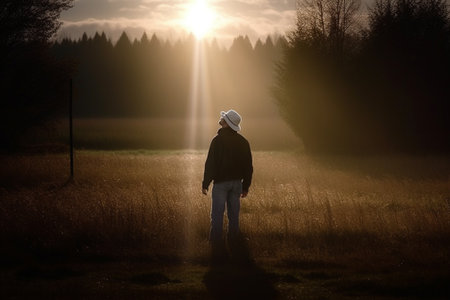 Back view of a man standing in a meadow at sunrise.の素材