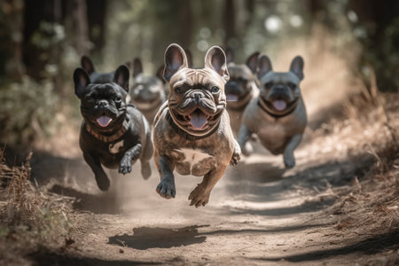 French bulldog puppies running in the forest. Selective focus.の素材