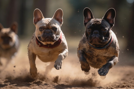French bulldog running in a race, selective focus on the dogの素材