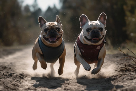 two french bulldog running in the sand, shallow depth of fieldの素材