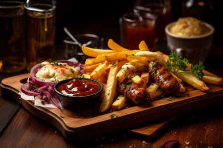 Grilled sausages with french fries and sauce on wooden boardの素材