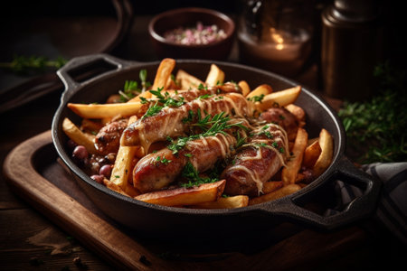 Grilled sausages with french fries in a cast iron skilletの素材