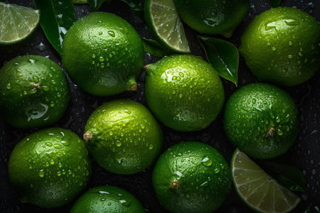 Fresh limes with water drops on black background. Top view.の素材