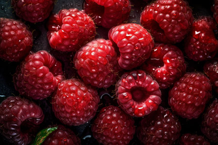 Fresh raspberries with water drops on black background, closeupの素材