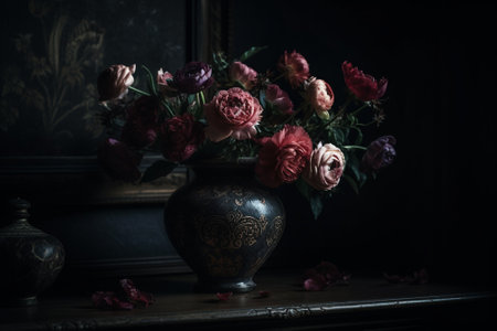 Still life with a bouquet of roses in a vase on a dark backgroundの素材