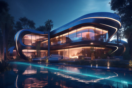 3D rendering of a modern office building with a futuristic exterior.の素材