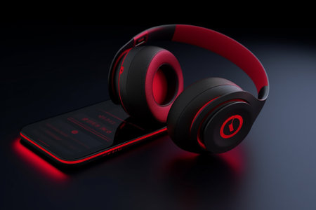 Smartphone with headphones on black background. 3d render image.の素材