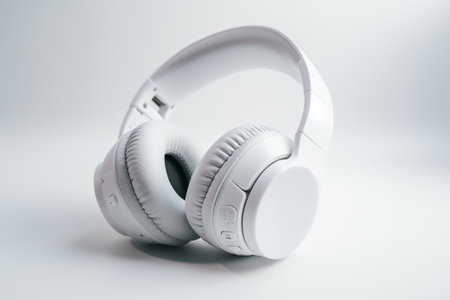 White headphones on a white background. Close-up. Isolated.の素材