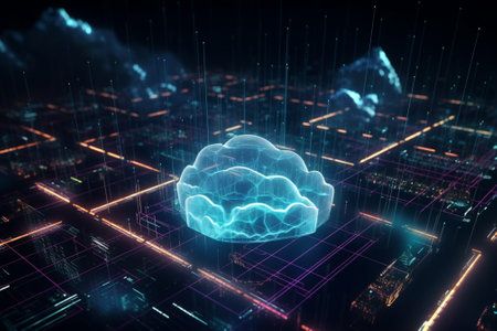 3D rendering of artificial intelligence concept with glowing brain on dark backgroundの素材