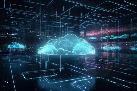 Glowing cloud computing interface on blurry city background. 3D Renderingの素材