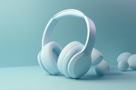 3d rendering of white headphones on blue background. Music concept.の素材