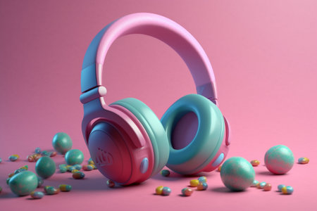 3d rendering of pink and blue headphones with easter eggs on pink backgroundの素材