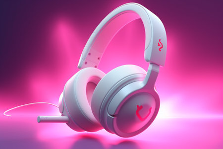 White headphones on a pink background. 3D rendering. Neon lights.の素材
