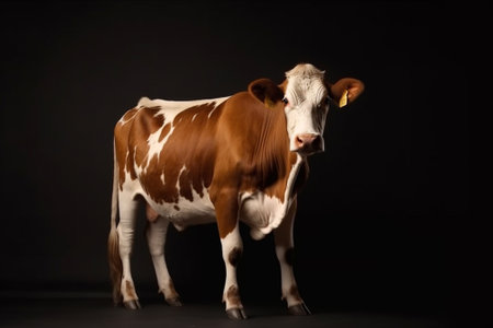 Studio portrait of a brown and white cow on a black background.の素材