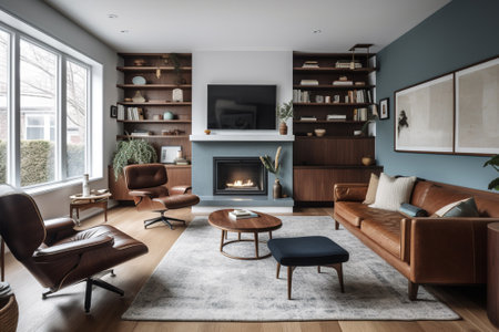 Interior of modern living room with fireplace and brown sofa. 3d renderの素材