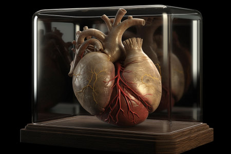Human heart in a transparent box on a black background. 3d illustrationの素材