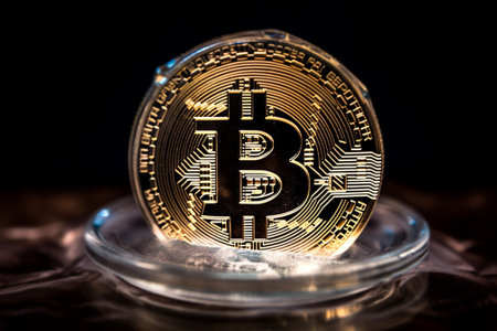 Bitcoin in a glass jar on a black background. Cryptocurrency.の素材