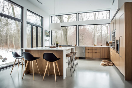 interior of modern bright kitchen with white walls, wooden floor and black chairsの素材