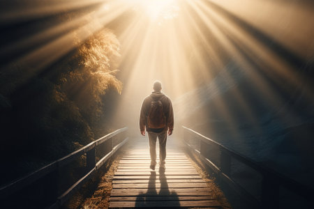 Man walking on a wooden bridge in a foggy valley with sunlightの素材