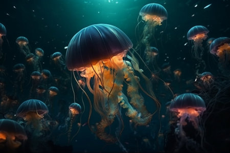 Jellyfish swimming in the sea. Underwater world. 3d renderingの素材