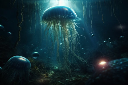 Jellyfish in the sea. Underwater world. 3d renderingの素材