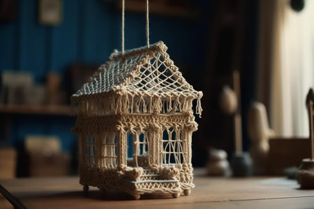 Handmade wooden toy house on the background of the interior of the workshopの素材