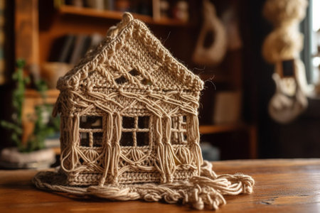 Handmade knitted house on a wooden table in the interior.の素材