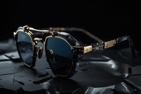 Sunglasses with blue lenses on a black background. Selective focus.の素材