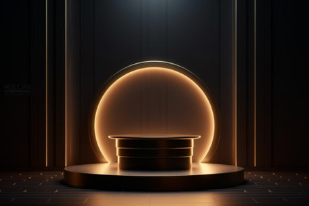 3d rendering of a round podium in a dark room illuminated by a neon lamp.の素材