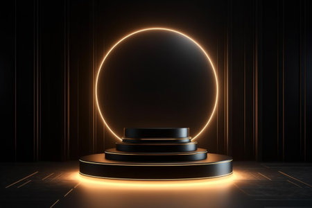 Black podium with glowing neon lines on dark background. 3D renderingの素材
