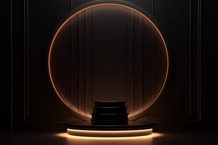 Round podium illuminated by neon light on dark background. 3D renderingの素材