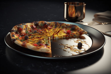 Pizza on black plate with fork and knife on dark background.の素材