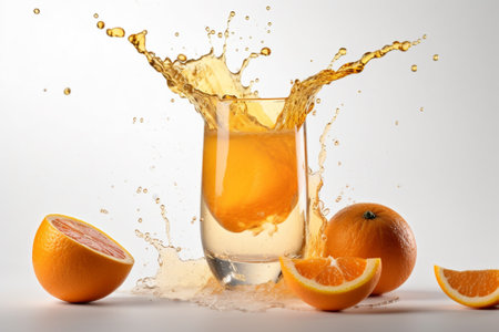 Fresh orange juice splashing out of a glass on a white backgroundの素材