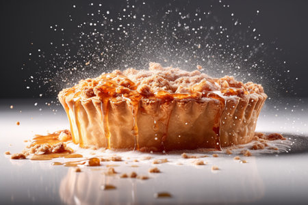Apple pie falling into the air with splashes of icing sugar.の素材