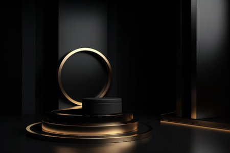 Black and gold podium on black background. 3d render illustration.の素材