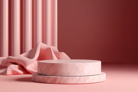 3d render, abstract minimal scene with geometric forms, podium for cosmetic product presentation. Pink background with stripes.の素材