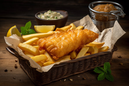 Fish and chips with lemon and tartar sauce on a wooden tableの素材