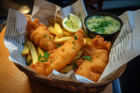 Fish and chips in a basket with lemon and tartar sauce.の素材
