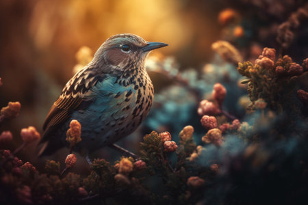 Beautiful little bird sitting on a branch in the forest at sunsetの素材