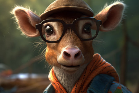 Portrait of a cute little cow wearing a hat and glasses.の素材