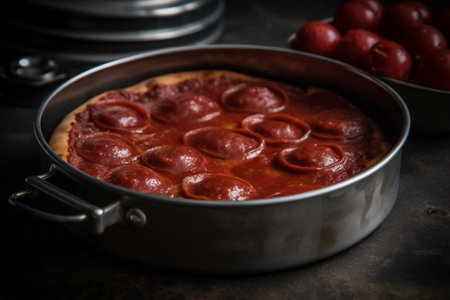 Homemade pizza with salami and tomato sauce on a dark backgroundの素材