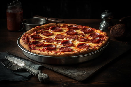 Pepperoni pizza on a rustic wooden background. Toned.の素材