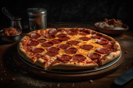 Pepperoni pizza on rustic wooden background. Toned.の素材