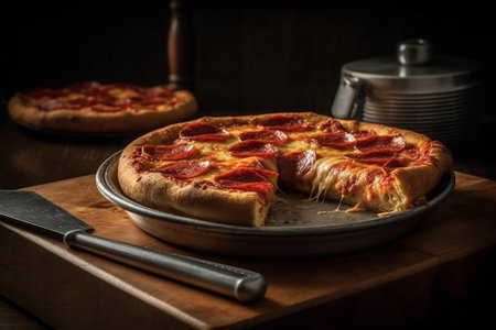 Pepperoni pizza on a rustic wooden table. Toned.の素材