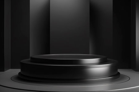 Black abstract background with round podium. Mock up, 3D Renderingの素材