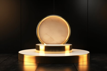 Golden podium on black background. Mock up, 3D Renderingの素材