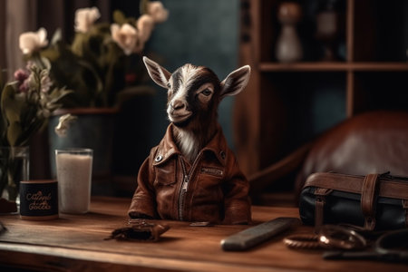 Little goat in leather jacket sitting on a wooden table in a cafeの素材